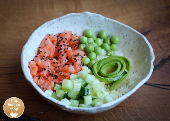 Salmon and konjac rice poke bowl